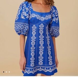 FARM Rio Blue Tropical Cross Stitch Euroflax™ Premium Linen Mini Dress